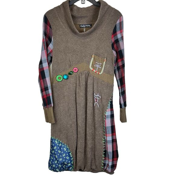 Forla Paris Dress Size Medium Patchwork Embroidered Bubble Hem Cotton Boho Knit - Picture 8 of 13